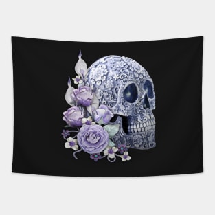 Unique Cool Blue Floral Purple Flowers Skull Tapestry