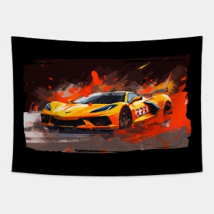 Orange C8 Corvette Racecar Splatter Art Tapestry