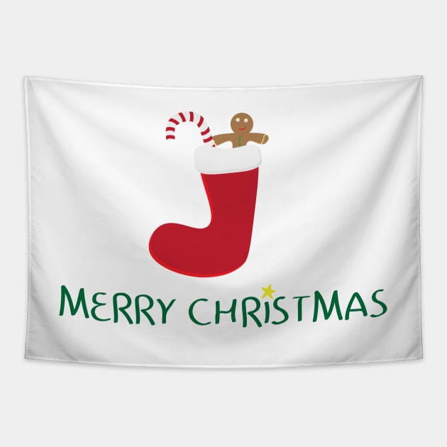 Merry Christmas logo with Red sock, gingerbread cookie, Red and white striped candy and Yellow star on white background Tapestry by sigdesign