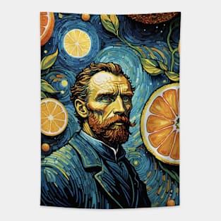 Starry Night Mosaic: Van Gogh Inspired Portrait with Lemons Tapestry