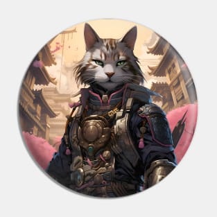 Cherry Blossom Samurai Cat Pin