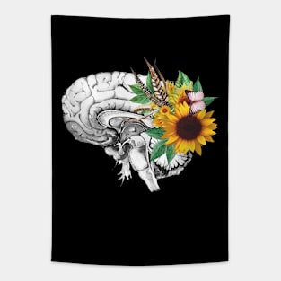 Brain human anatomy,floral sunflowers feathers, mental, watercolor Tapestry