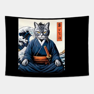 Vaporwave Samurai Cat Great Wave Off Kanagawa Tapestry