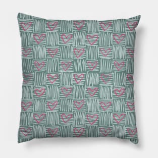 Modern minimalist checkered pink heart pattern on plaid green Pillow