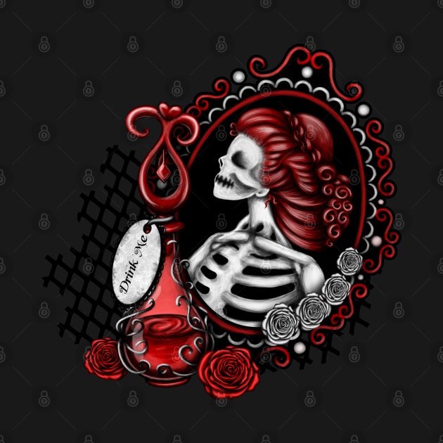 Red Skeleton Girl in Mirror Drink Me Bottle Red and White Roses by DeneboArt