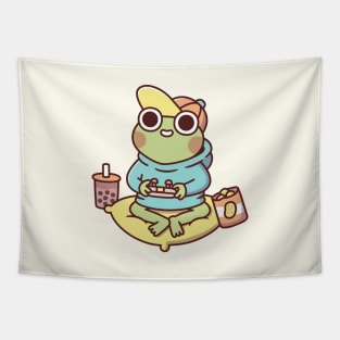 Cute Gamer Frog In Hoodie Playing Video Games Tapestry