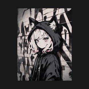 Kawaii Aesthetic Monochrome Nekomimi Anime Cat Girl Graffiti Art Style T-Shirt