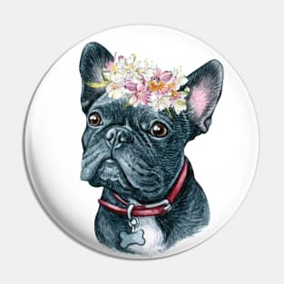 Cute Black French Bulldog with Flower Wreath Art Pin