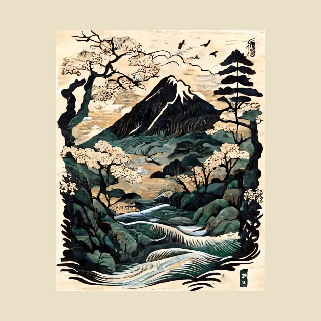 Traditional Japanese Mountain River Nature Scene by entwithanaxe