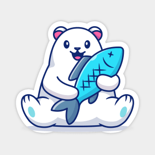 Cute Polar Bear Holding Big Fish Cartoon Magnet