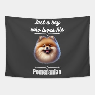 Just a boy who loves his Pomeranian, white text Tapestry