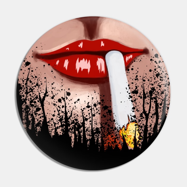 Cigarette Smoking Red Lips and Dark Forest Pin by TWOintoA