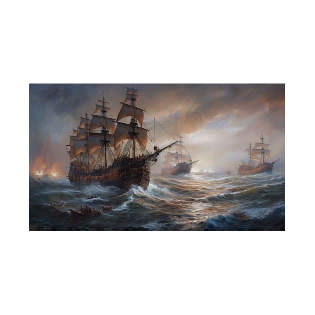 Naval Battle Between Pirate Sailing Ships, Caribbean Seascape #4 by AntielARt