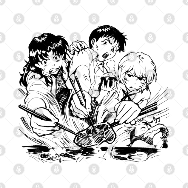 Misato,Pen Pen, Shinji and Rei eating meat by hole