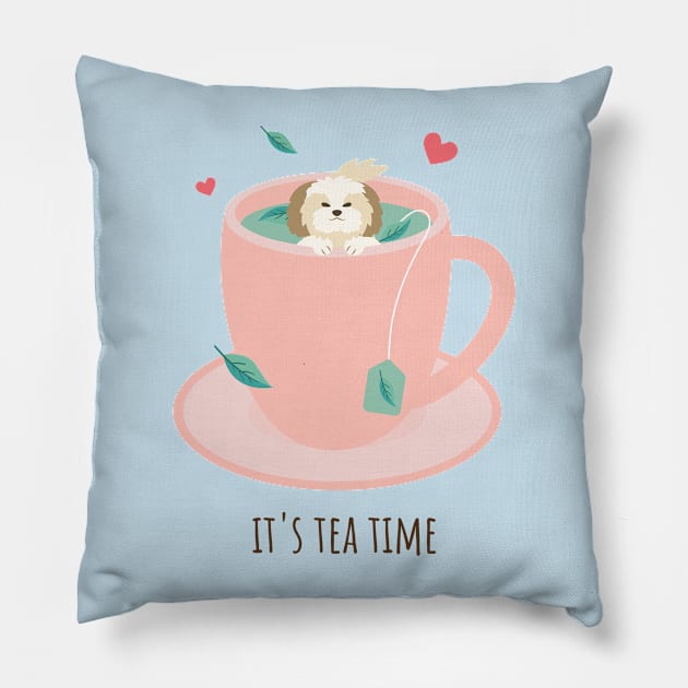 It's Tea Time Cute Puppy Pillow by TeaTimeTees
