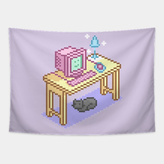 Geeky Pink Purple Pixel Art Desktop Computer Cat Tapestry by jessicaamber