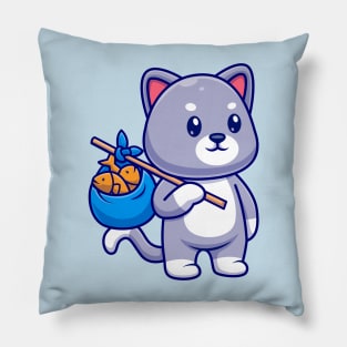 Cute Cat Bring Fish With Bag Cartoon Pillow