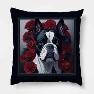 Boston Terrier red roses Pillow