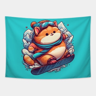 Kawaii cat snowboarder Tapestry