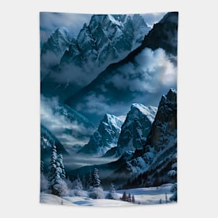 Gorgeous Mountains Towering Over a Winter Scene Tapestry