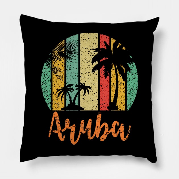 Aruba Vintage Sunset Palm Trees Pillow by tropicalteesshop