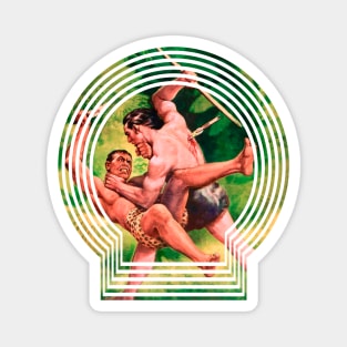 two muscular men fight with spears in the jungle retro comic book Magnet