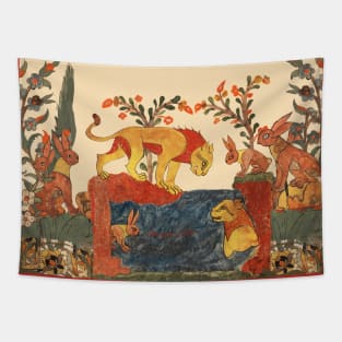 FOREST ANIMALS ,LIONS AND HARES  AMONG FLOWERS AND GREEN LEAVES Tapestry