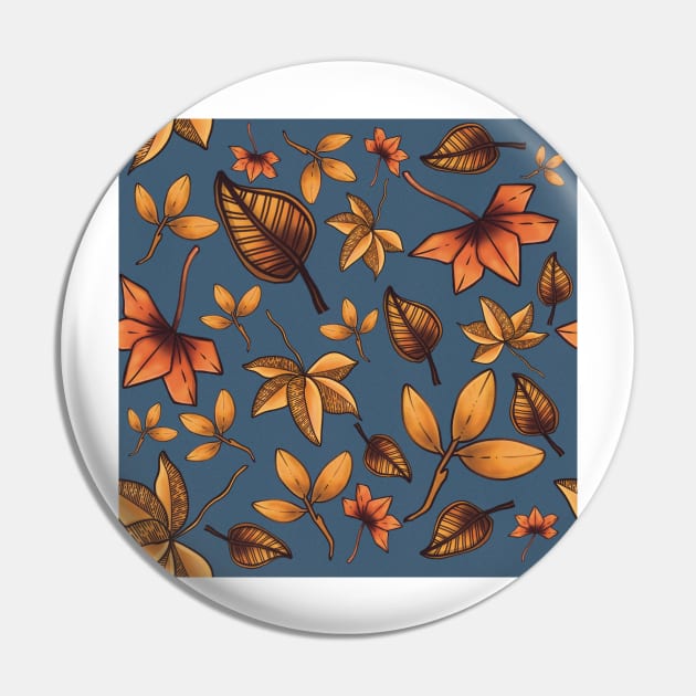Autumn Leaves Pattern Design Blue Background Pin by WalkSimplyArt