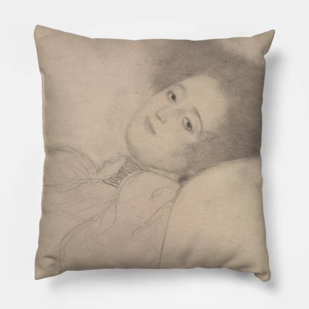 Portrait of a Young Woman Reclining by Gustav Klimt Pillow by Classic Art Stall