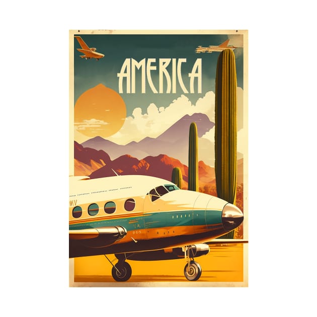 America Plane Vintage Travel Art Poster by OldTravelArt