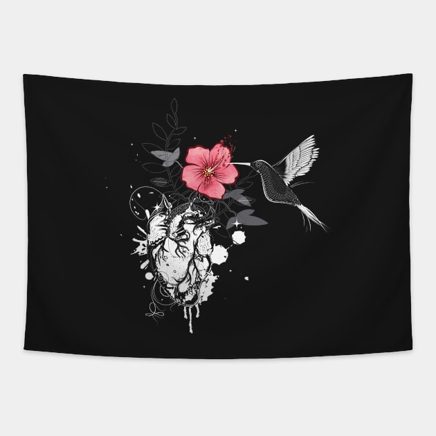 Hummingbird and heart with flower Tapestry by Kisho