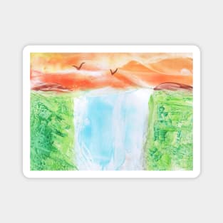 Landscape with waterfall and birds, beautiful nature. Encaustic, art decoration, sketch. Magnet