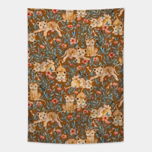 Lion Cub Pairs and Poppies on Warm Brown Tapestry