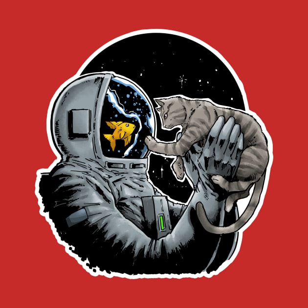 Astronaut - Grey Cat and Fish T-Shirt by SheVibe