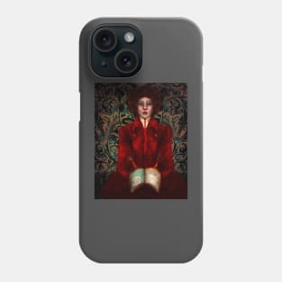 Dark Academia Lowbrow Art Portrait of Historical Ruby Red Fashion Illustration of Librarian Holding Illuminated Manuscript Phone Case