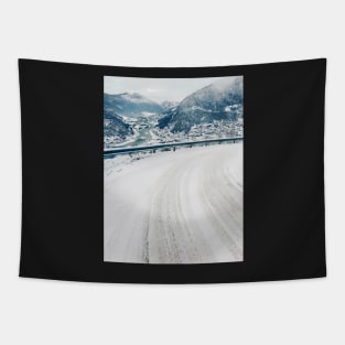 Wintertime in Norway - View on White Valley From Snow-Covered Mountain Road Tapestry