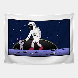 Astronaut Meets Alien Space Cartoon Universe Illustration Tapestry