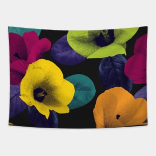 Vibrant exotic flowers and leaves textural print. Colorful vibrant Hibiscus flowers on dark background. Vibrant summer tropical composition Tapestry