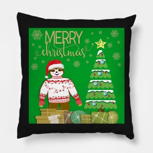 Cute Little Christmas Sloth wearing an ugly Christmas Sweater and Hat Pillow