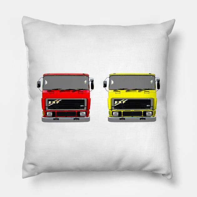 red lorry yellow lorry classic 1980s ERF Pillow by soitwouldseem