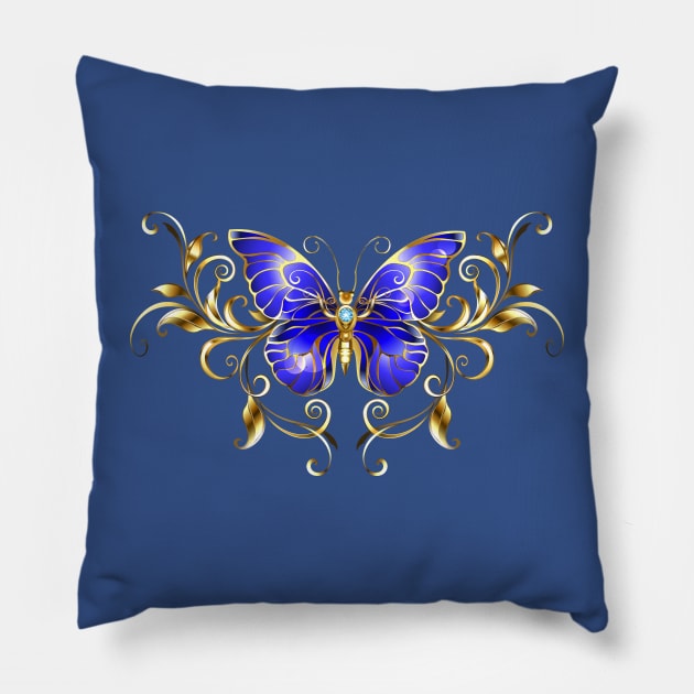 Sapphire Butterfly with Gold Pattern Pillow by Blackmoon9