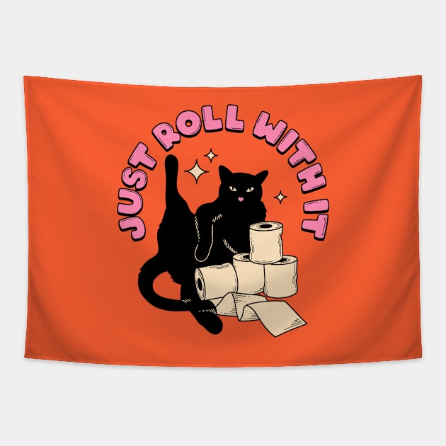 Roll with it Black Cat in orange Tapestry by The Charcoal Cat Co.