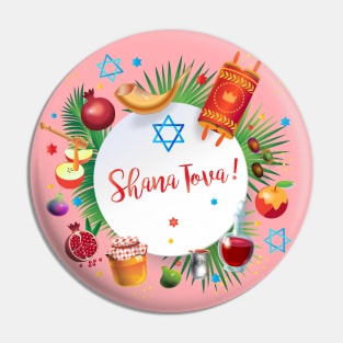 Happy Rosh Hashanah - Shana Tova! Autumn New Year Jewish Holiday Paty. Honey and Apple, Pomegranate, Shofar, Star of David, traditional symbols, torah, shofar, pomegranates, star of David, tropical palm tree leaves decoration, pink color Pin