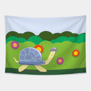 Cute turtle with a hat walking Tapestry