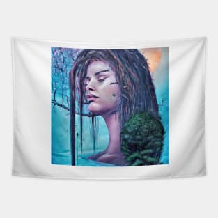 Beautiful portrait of pretty young woman face in blue mood Tapestry