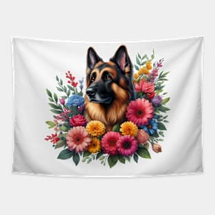 A German shepherd with beautiful colorful flowers Tapestry