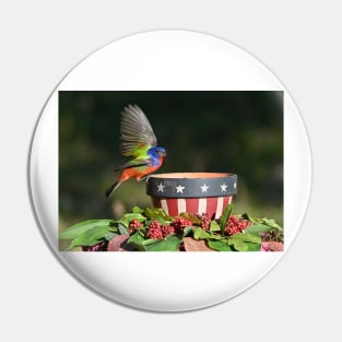 Painted Bunting Bird Saluting the American Flag Bowl Pin