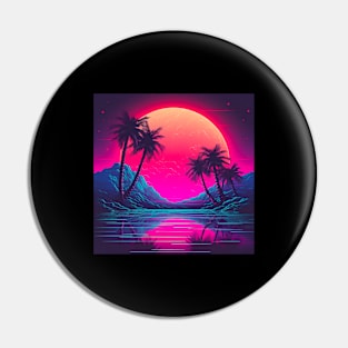 Vaporwave Retrowave Synthwave Vintage Sunset Palm Trees Ocean Mountains Pin