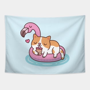 Cute Cat Drinking Bubble Tea And Chilling On Flamingo Pool Float Tapestry