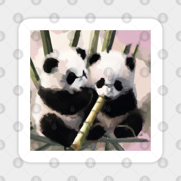 Baby Panda Bears eating bamboo Magnet by Cotton Candy Art